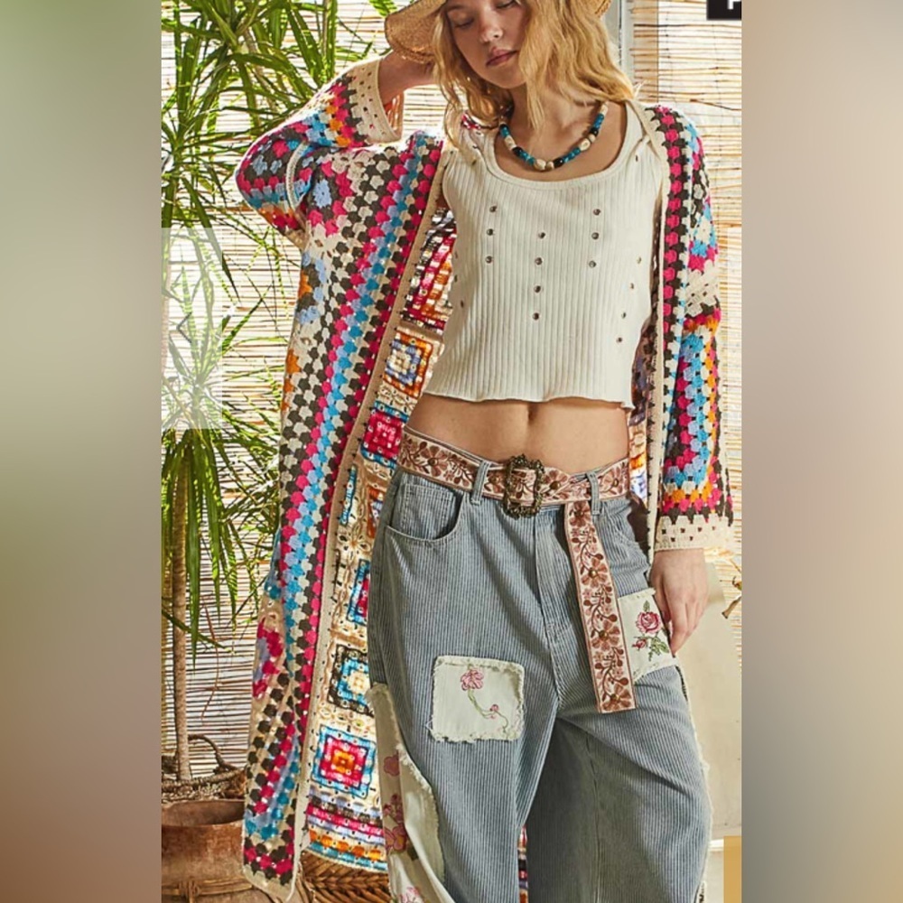 New POL. Colorful Crochet Cardigan. One Size. Crochet all the way around.